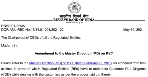 Amendment to the Master Direction (MD) on KYC to further leverage the Video based Customer Identification Process (V-CIP): RBI Circular