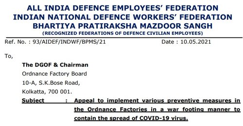 Appeal to implement various preventive measures in the Ordnance Factories to contain the spread of COVID-19: AIDEF, INDWF, BPMS