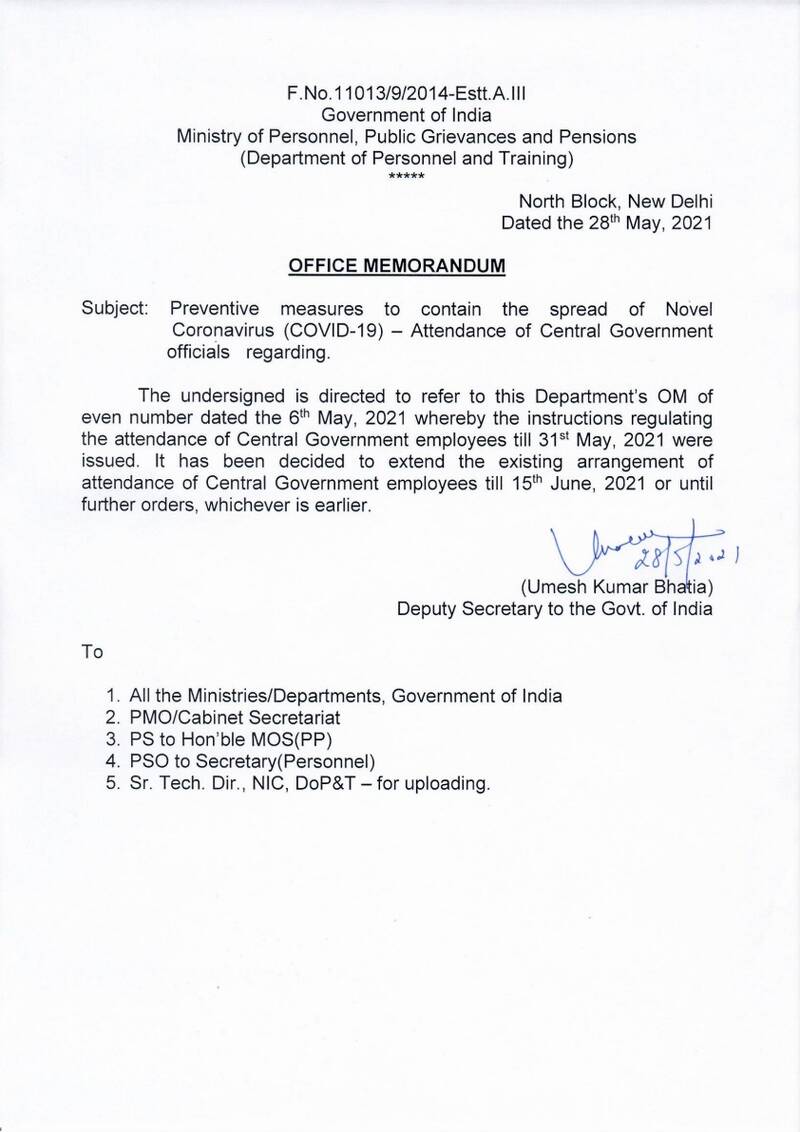 Attendance of Central Government officials: DoPT OM dated 28.05.2021 reg Preventive measures to contain the spread of Novel Coronavirus