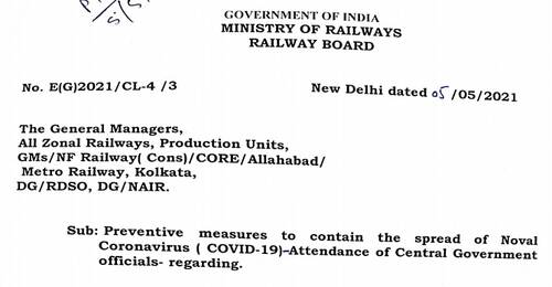 Attendance of Central Govt. Officials – Railway Board Order on Preventive measures to contain the spread of Coronavirus