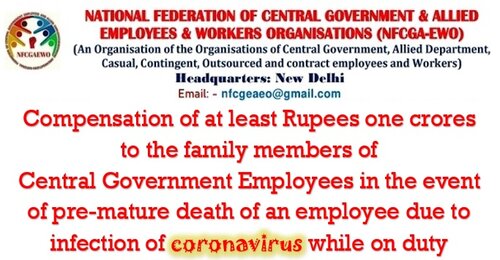 Compensation of at least Rupees one crores on pre-mature death due to coronavirus while on duty: NFCGA-EWO writes to DoPT, FinMin & Cab Sec