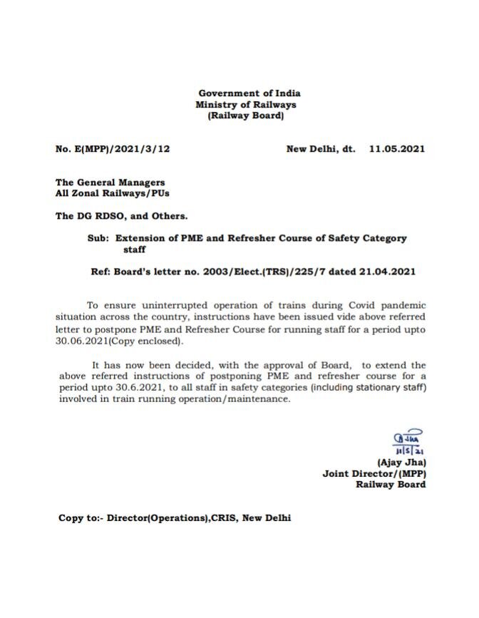 Extension of PME and Refresher Course of Safety Category staff: Railway Board Order