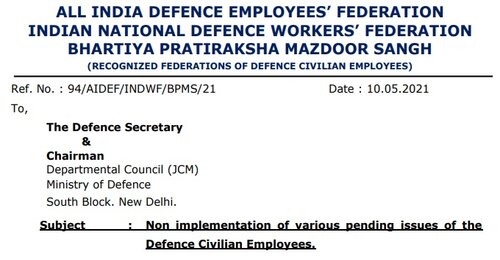 Non implementation of various pending issues of the Defence Civilian Employees: Federation writes to Defence Secretary