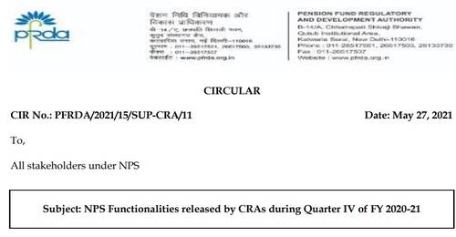NPS Functionalities released during Quarter IV of FY 2020-21: PFRDA