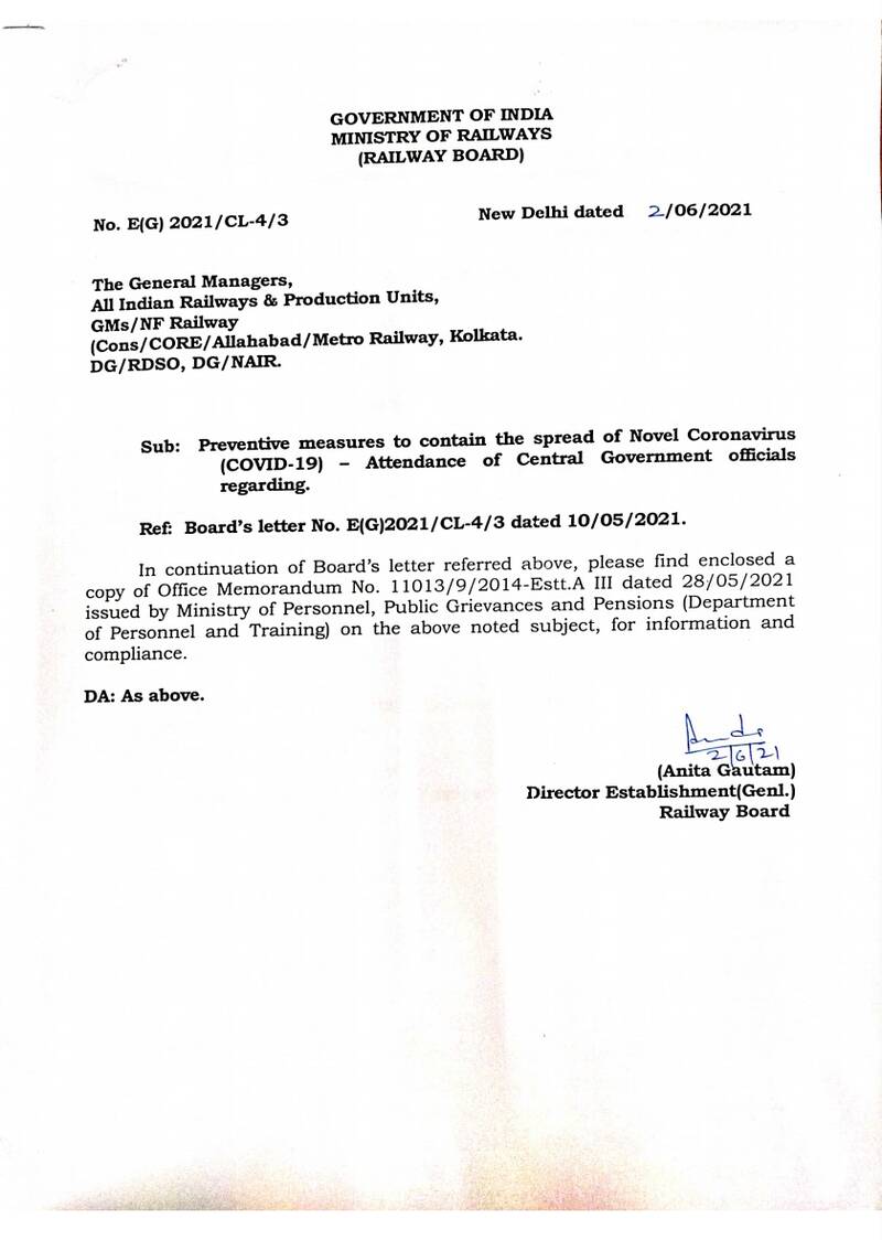 Attendance of Central Government officials to contain the spread of COVID-19: Railway Board Order