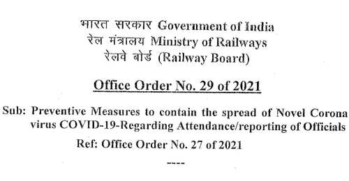 Attendance/reporting of Officials working in Ministry of Railways, Railway Board till 30.06.2021 in view of COVID-19