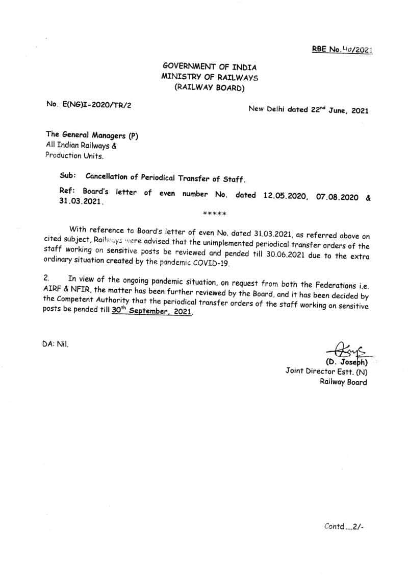 Cancellation of Periodical Transfer of Staff: Railway Board Order RBE No.40/2021