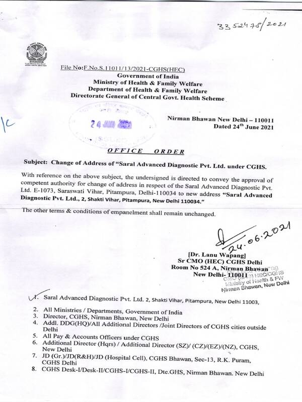 Change of Address of Saral Advanced Diagnostic Pvt. Ltd. New Delhi under CGHS