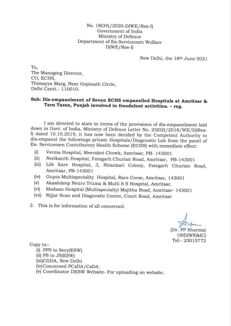 Dis-empanelment of Seven ECHS empanelled Hospitals at Amritsar & Tarn Taran, Punjab involved in fraudulent activities