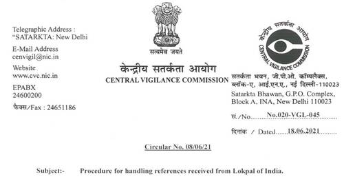 Procedure for handling references received from Lokpal of India: CVC Circular No. 08/06/21