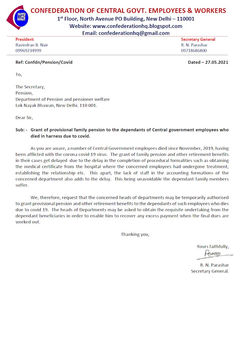 Provisional family pension to the dependents of CG employees who died in harness due to covid: Confederation writes to DoPPW