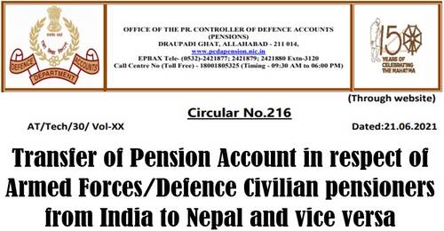 Transfer of Pension Account in respect of Armed Forces/Defence Civilian pensioners from India to Nepal and vice versa