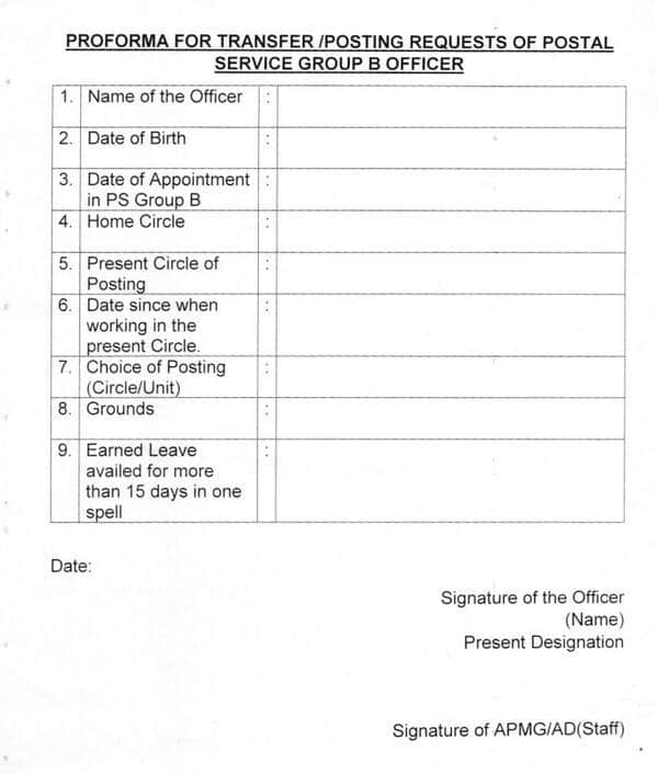 Transfer/Postings requests of Postal Service Group B Officers: DoP Order with Proforma