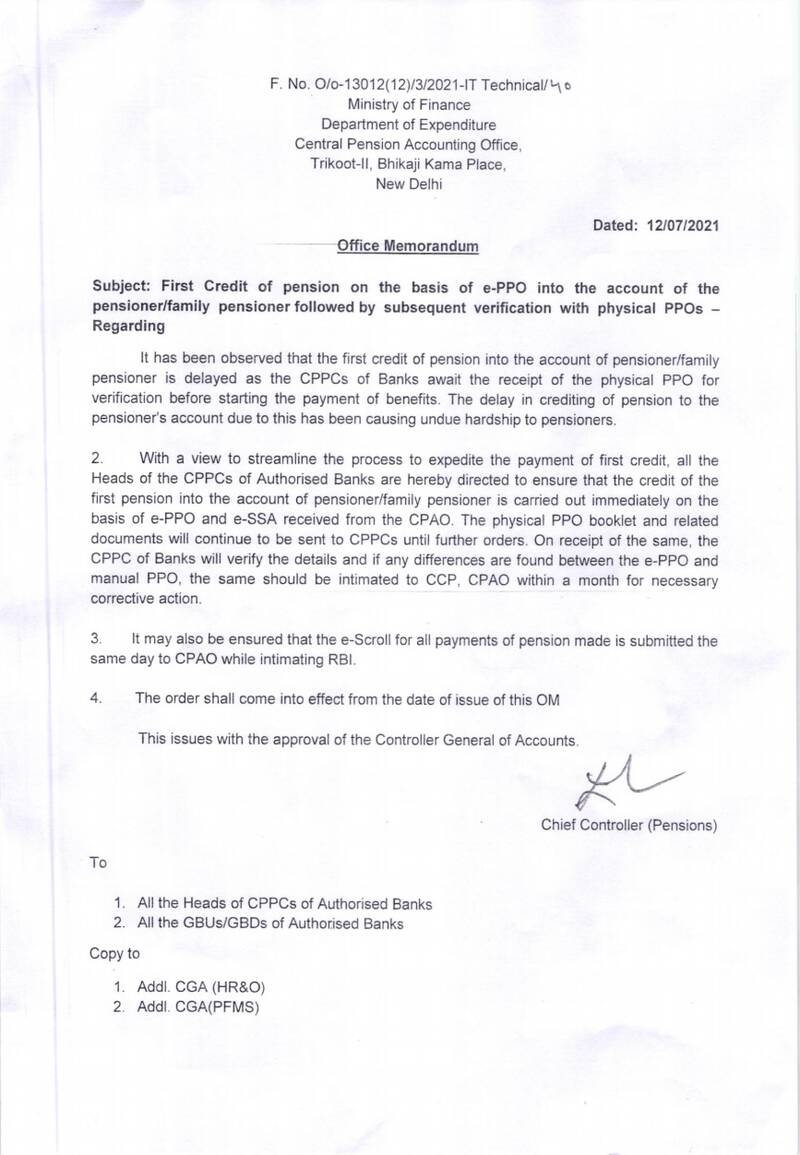 First Credit of pension on the basis of e-PPO into the account of the pensioner/family pensioner: CPAO Instructions dt 12.07.2021