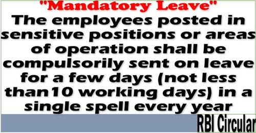 Mandatory Leave for Employees Posted in Sensitive Positions or Areas of Operation: RBI