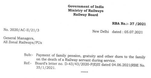 Payment of family pension, gratuity and other dues: Railway Board RBA No. 37/2021