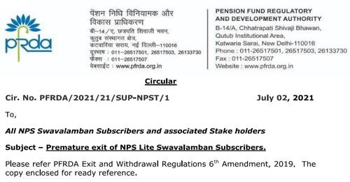 Premature exit of NPS Lite Swavalamban Subscribers: PFRDA Circular 02-07-2021