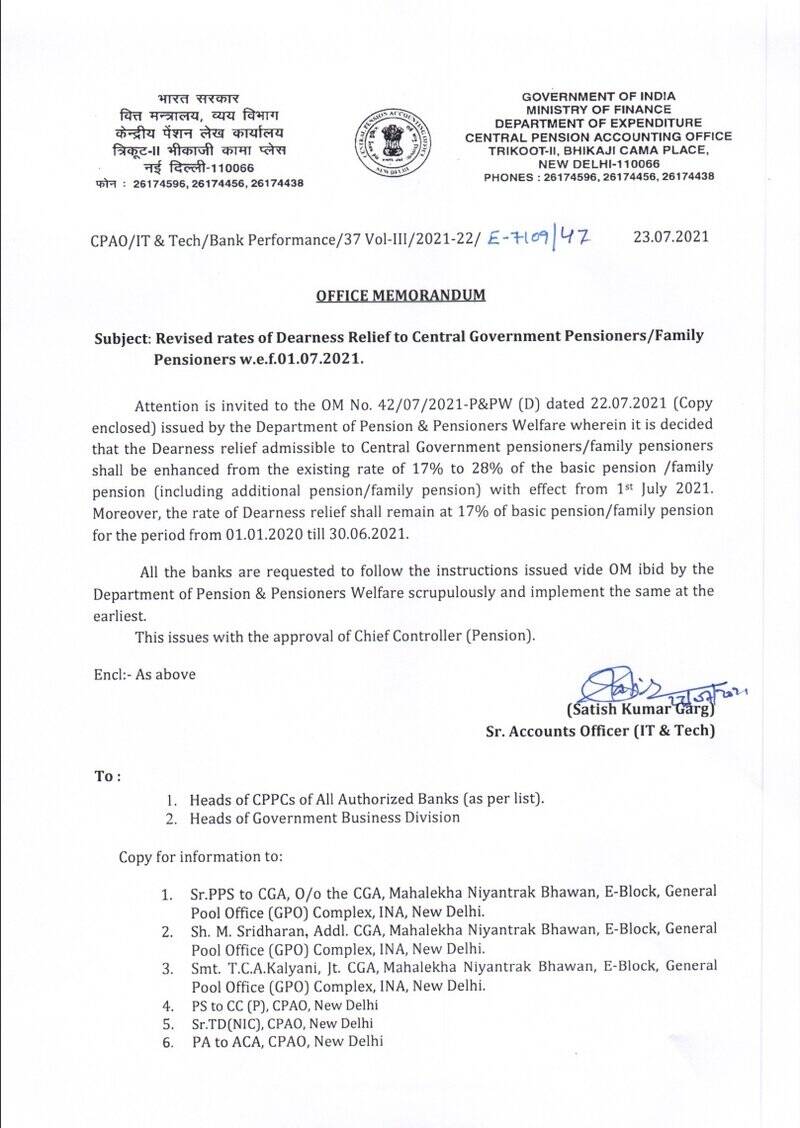 Revised rates of Dearness Relief w.e.f. 01.07.2021 to CG Pensioners/ Family Pensioners: CPAO OM