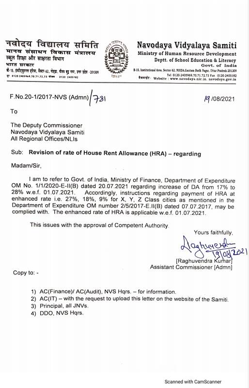 Revision of rate of House Rent Allowance (HRA): NVS