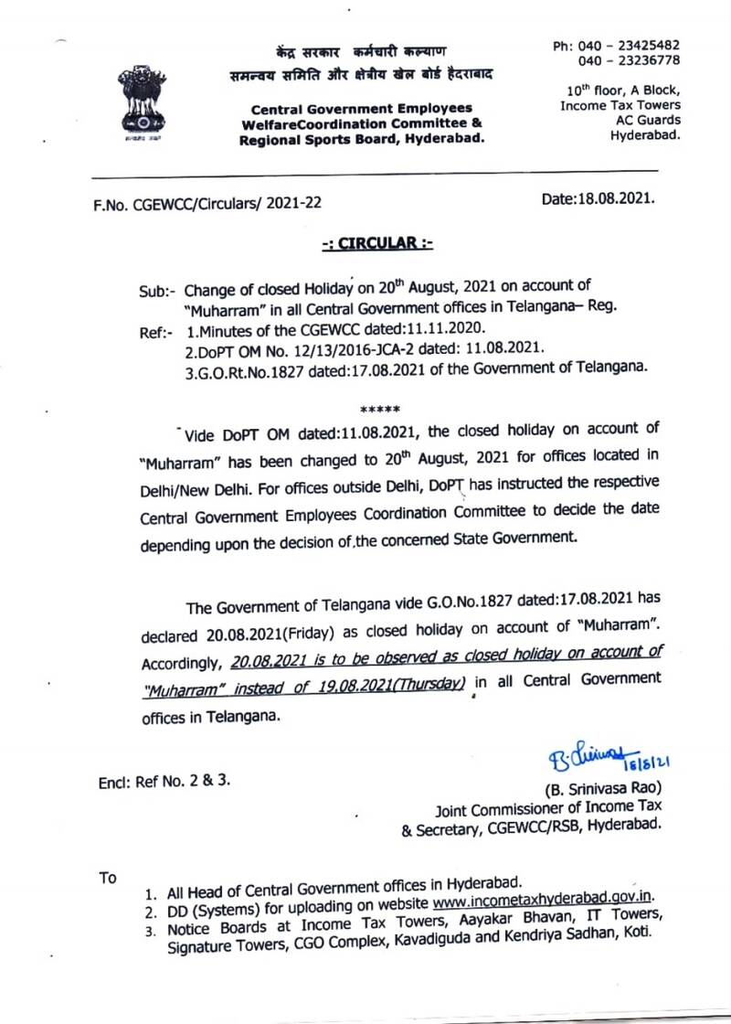 Change of closed Holiday on account of “Muharram” in Telangana: CGEWCC