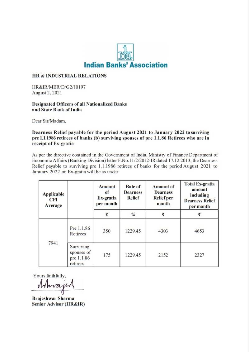 Dearness Relief from Aug 2021 to Jan 2022 to Pre 1986 Bank retirees