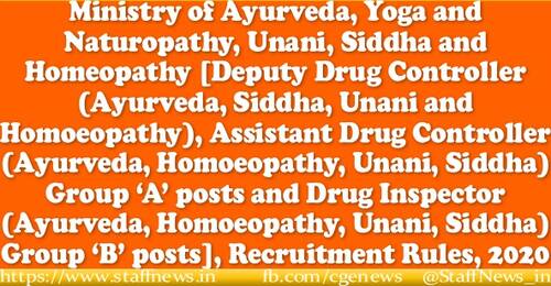Deputy Drug Controller, Assistant Drug Controller and Drug Inspector Recruitment Rules, 2020: AYUSH Ministry
