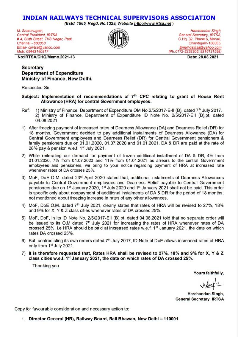 House Rent Allowance (HRA) @ 27%, 18% and 9% for X, Y & Z class cities w.e.f. 1st January 2021: IRTSA writes to FinMin