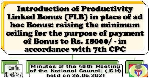 Productivity Linked Bonus in place of ad hoc Bonus: raising the minimum ceiling to Rs. 18000/ – in accordance with 7th CPC: 48th NC JCM Meeting