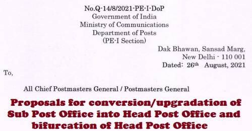 Proposals for conversion/upgradation of Sub Post Office into Head Post Office and bifurcation of Head Post Office