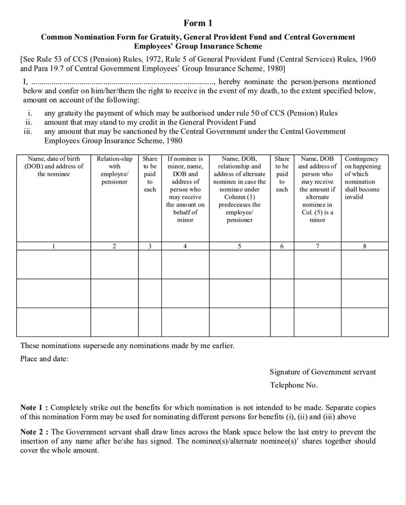 Common Nomination Form for Gratuity, GPF and CGEGIS – Form 1