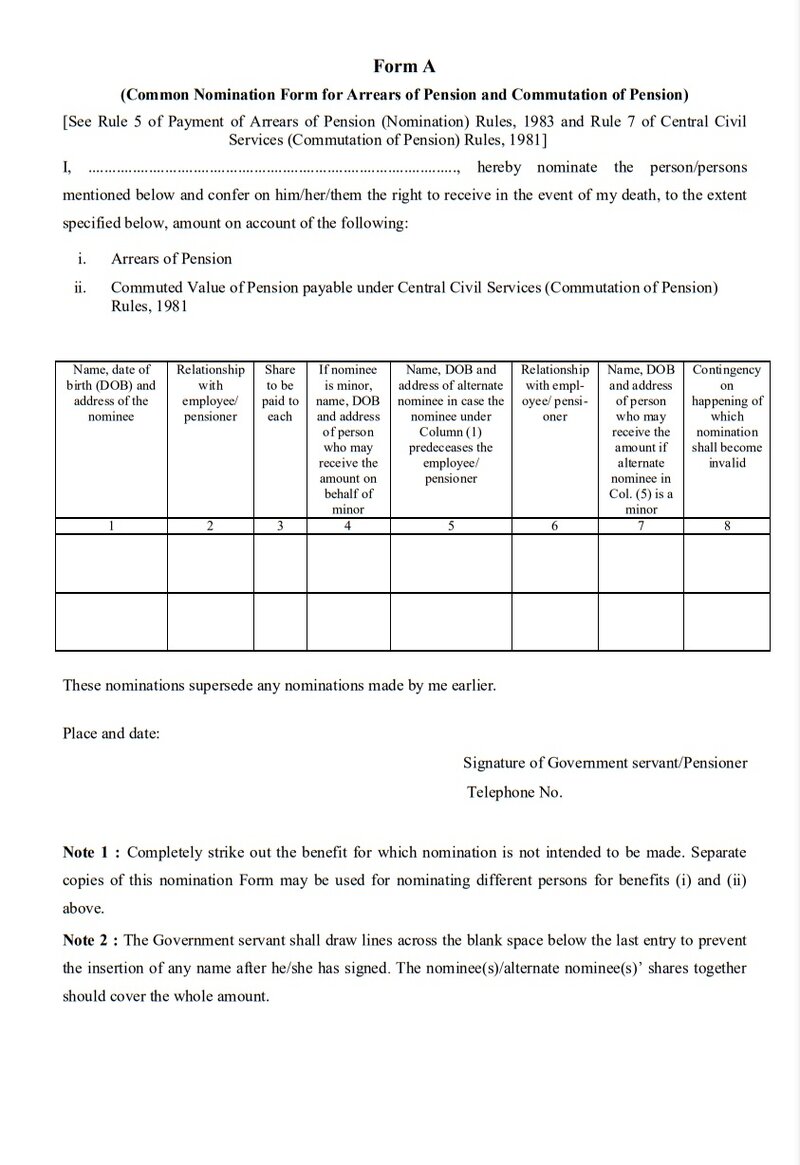 Common Nomination Form for Arrears of Pension and Commutation of Pension – Form A