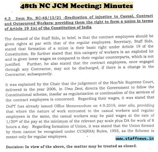 Eradication of injustice to Casual, Contract and Outsourced Workers: Minutes of 48th NC JCM Meeting