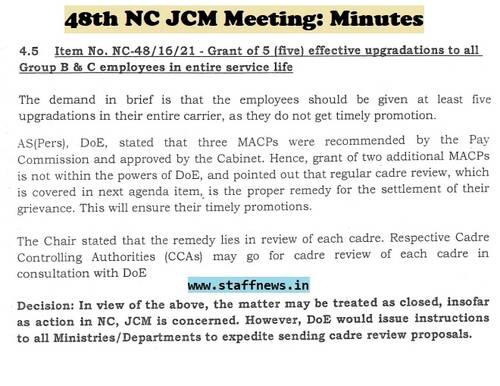 Grant of 5 (five) effective upgradations to all Group B & C employees in entire service life: Minutes of 48th NC JCM Meeting