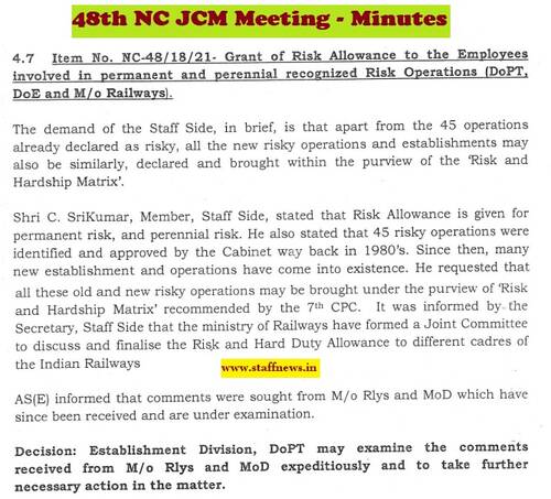 Grant of Risk Allowance to the Employees involved in permanent and perennial recognized Risk Operations: Minutes of 48th NC JCM Meeting