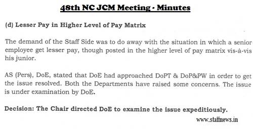 Lesser Pay in Higher Level of Pay Matrix of 7th CPC: Minutes of 48th NC JCM Meeting