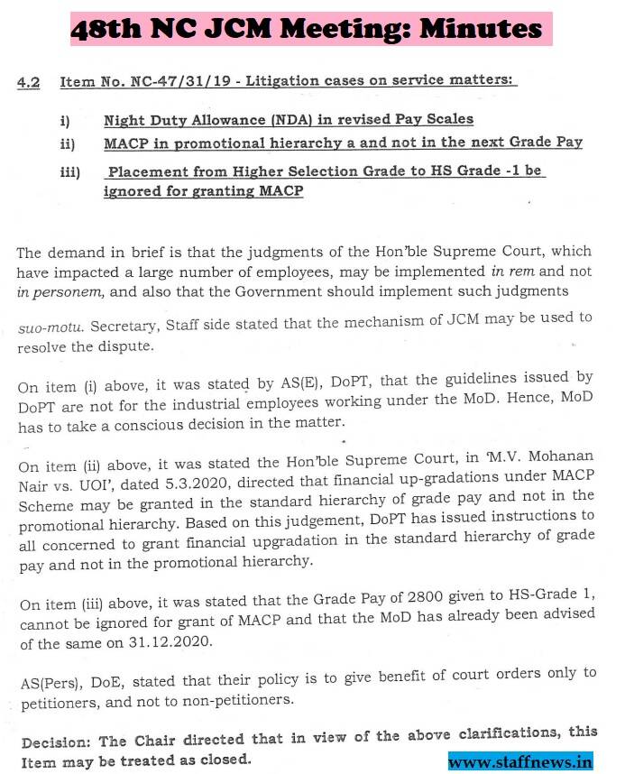 Litigation cases on service matters – Night Duty Allowance, MACP in promotional hierarchy, HS Gde-I be ignored in MACP: Minutes of 48th NC JCM Meeting