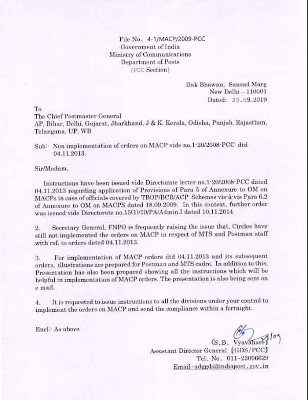 Non implementation of orders on MACP in case of officials covered by TBOP/BCR/ACP Schemes: Department of Posts