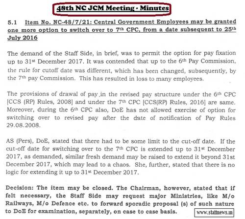 One more option to switch over to 7th CPC, from a date subsequent to 25th July 2016: Minutes of 48th NC JCM Meeting