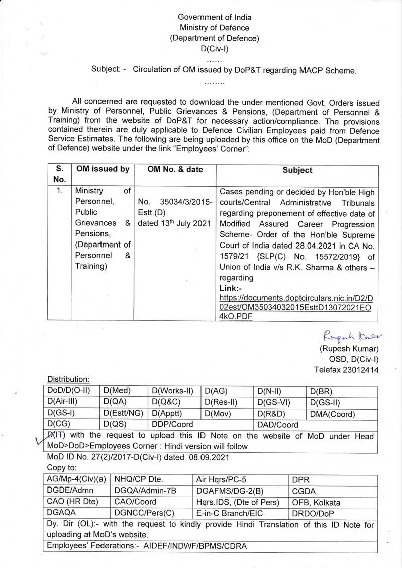 Preponement of effective date of MACP w.e.f. 01.01.2006 as per Supreme Court Order: MoD Order for Defence Civilian Employees