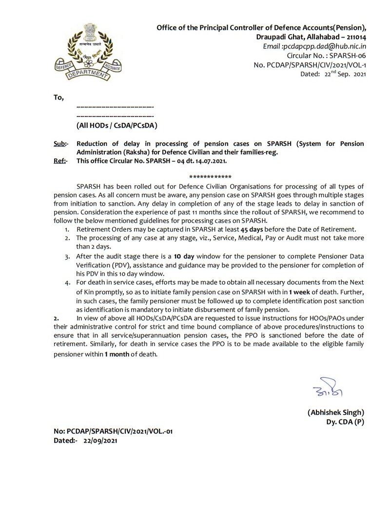 Reduction of delay in processing of pension cases on SPARSH for Defence Civilian and their families- Circular No. SPARSH-06