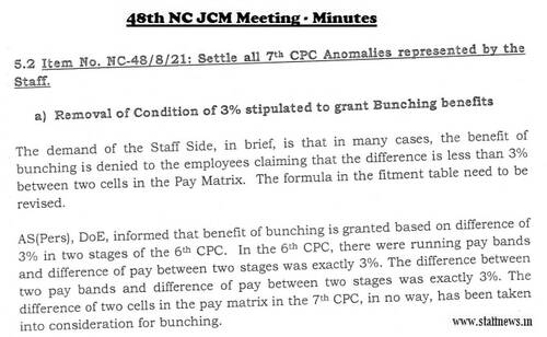 Removal of Condition of 3% stipulated to grant Bunching benefits – 7th CPC Anomalies: Minutes of 48th NC JCM Meeting