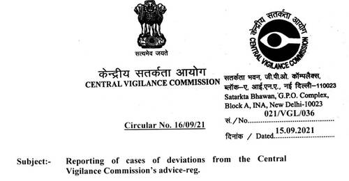 Reporting of cases of deviations from the Central Vigilance Commission’s advice: CVC Circular No. 16/09/21