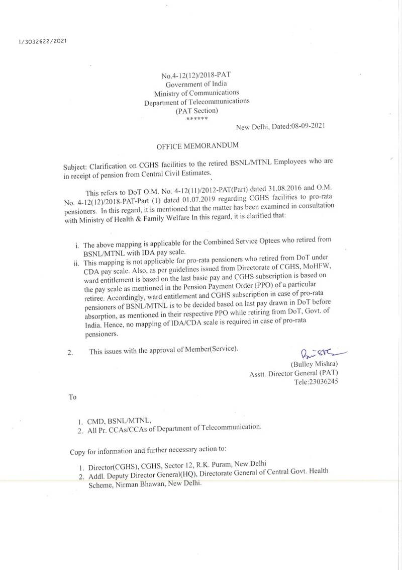 Clarification on CGHS facilities to the retired BSNL/MTNL Employees