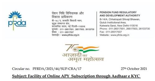 Facility of Online APY Subscription through Aadhaar e KYC