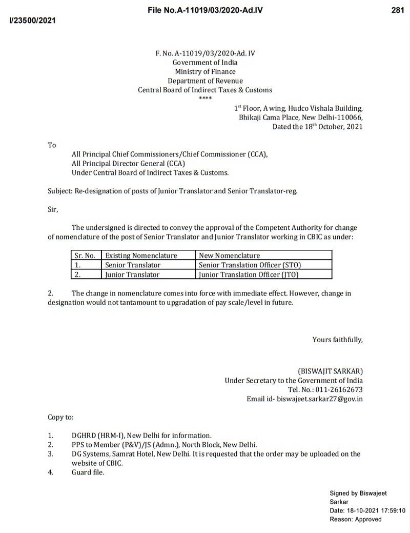 Re-designation of posts of Junior Translator and Senior Translator: CBIC