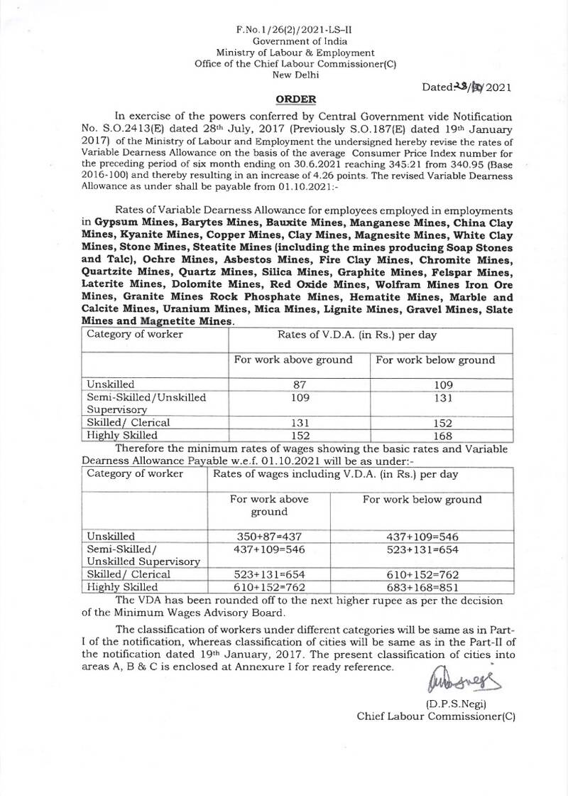Revised VDA Minimum Wages for Mines Workers w.e.f 1st Oct 2021: Labour Bureau Order Dt 28 Oct 2021