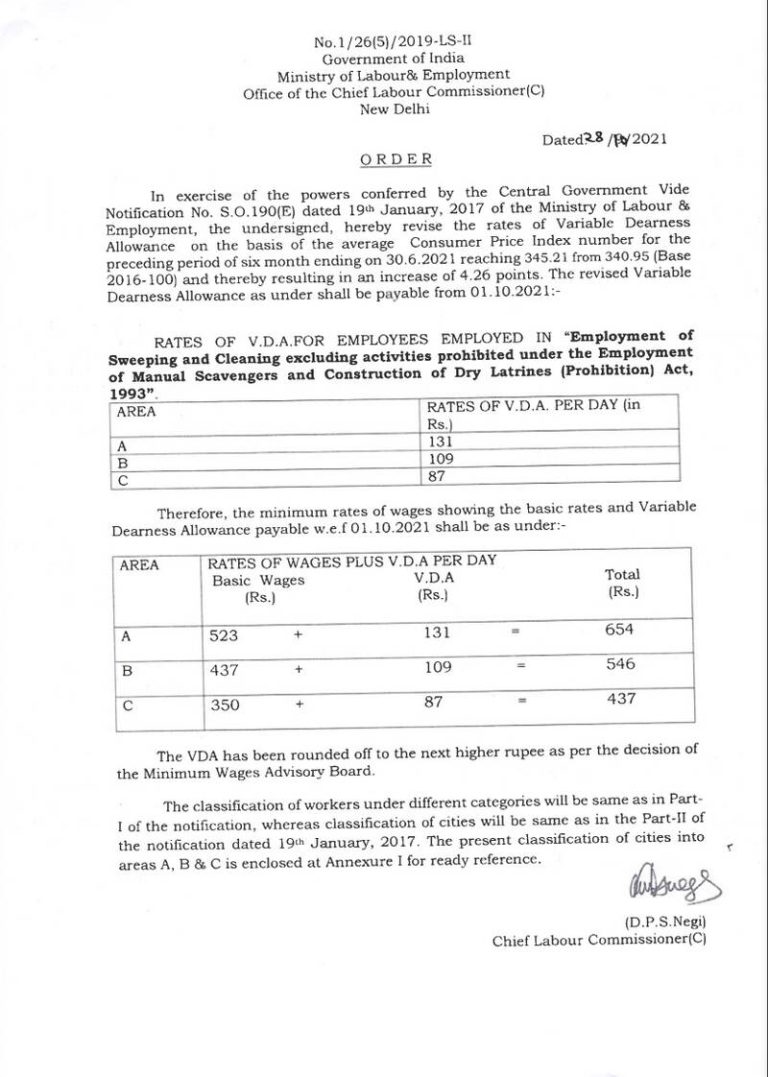 Revised VDA Minimum Wages for Sweeping and Cleaning Worker w.e.f 1st