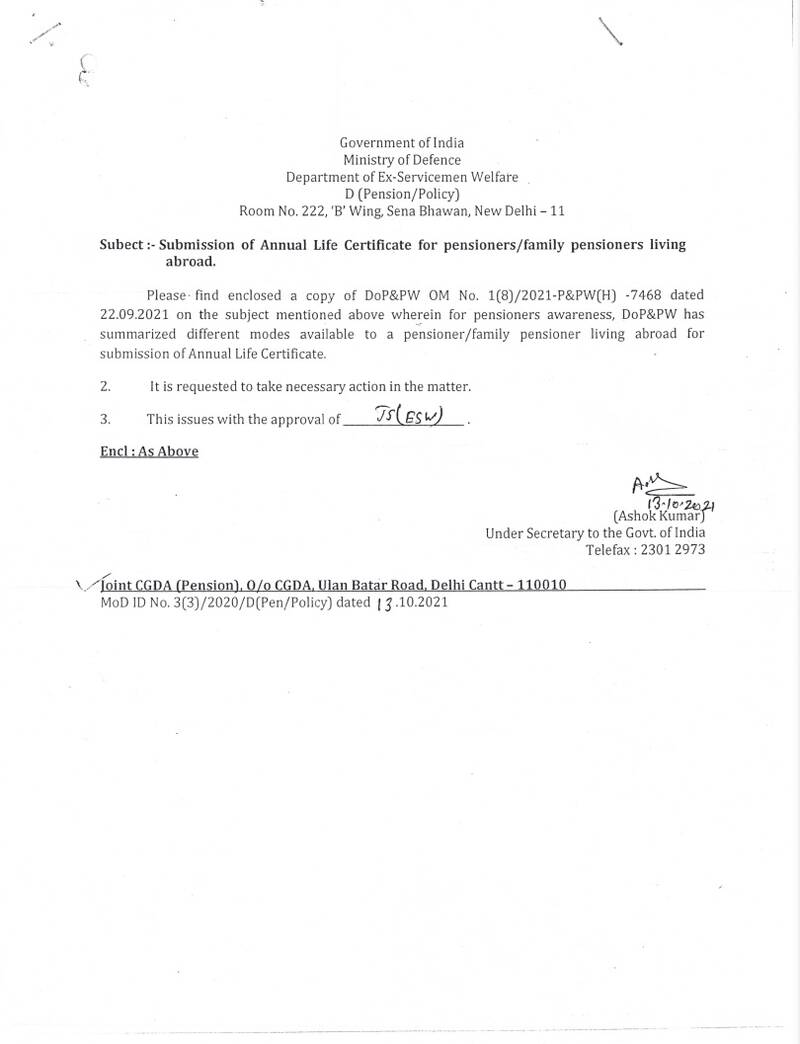 Submission of Annual Life Certificate for pensioners living abroad: Department of Ex-Servicemen Welfare (DESW)