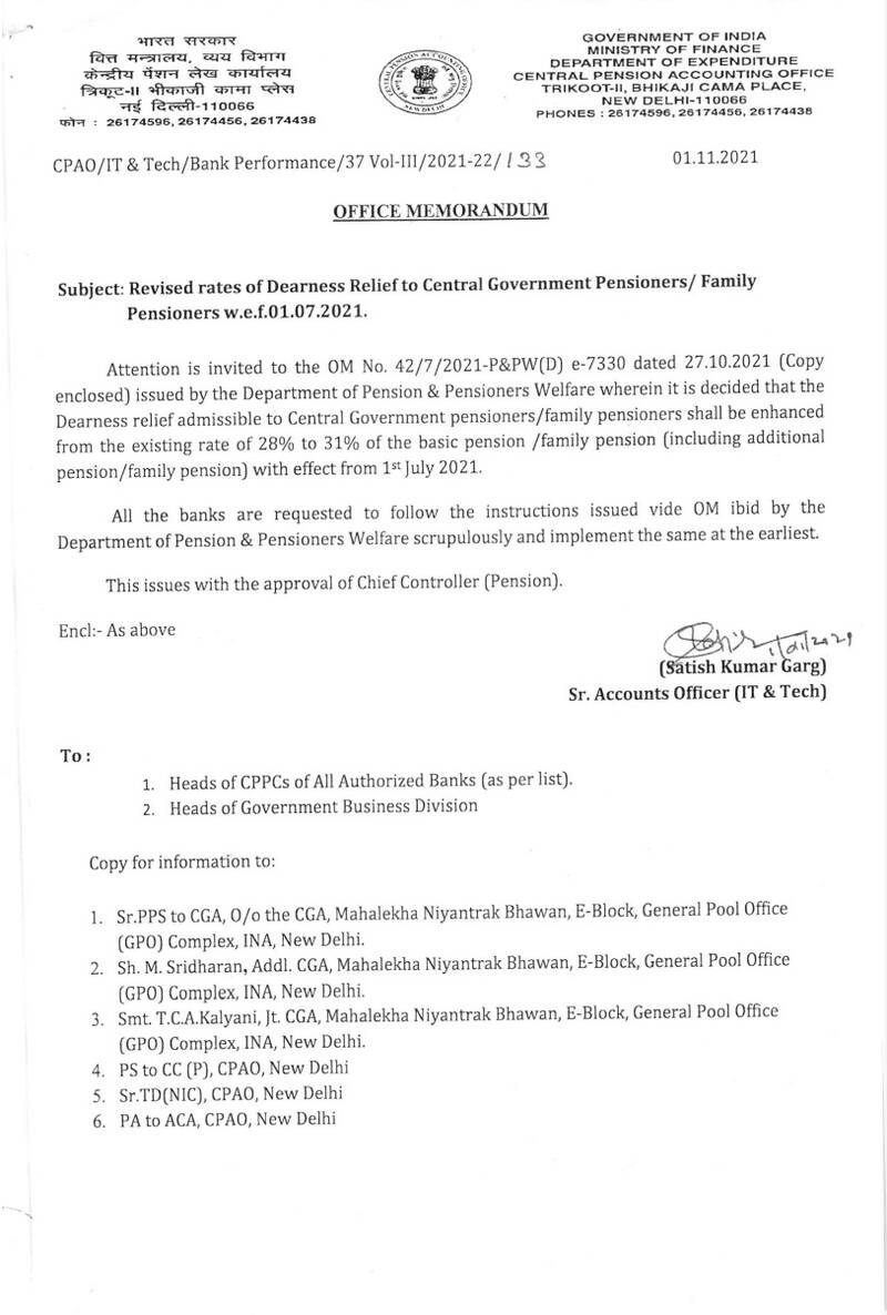 Dearness Relief to Central Government Pensioners/ Family Pensioners w.e.f. 01.07.2021: CPAO writes to Banks for an early action