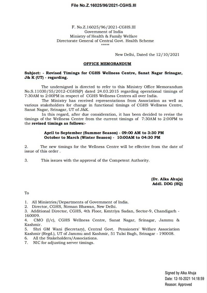 Revised Timings for CGHS Wellness Centre, Sanat Nagar Srinagar, J& K (UT)